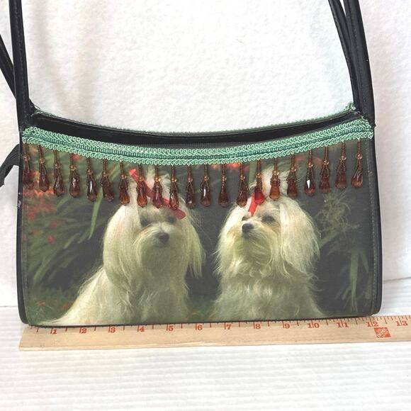 Christmas, Festive Maltese Dog Gold Tassel Beads Tote, Shoulder & Hand Bag - Picture 3 of 9